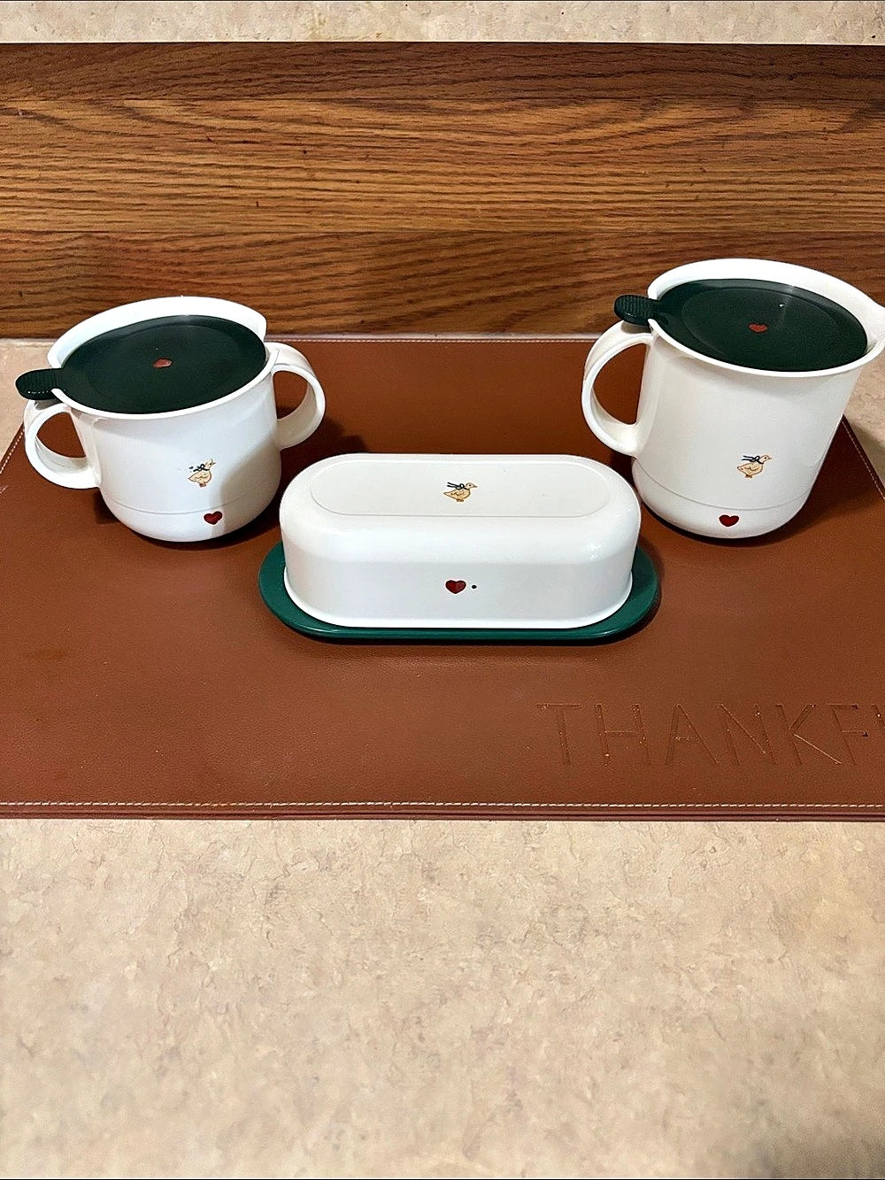 Vintage Tupperware Cream Sugar & Butter Dish Set White & Green Cottagecore